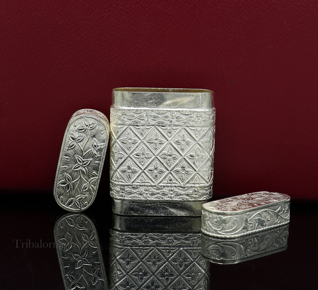 925 sterling silver floral design 2 in1 Royal trinket box, tobacco box, tobacco chuna box, best gifting silver royal article stb312 - TRIBAL ORNAMENTS