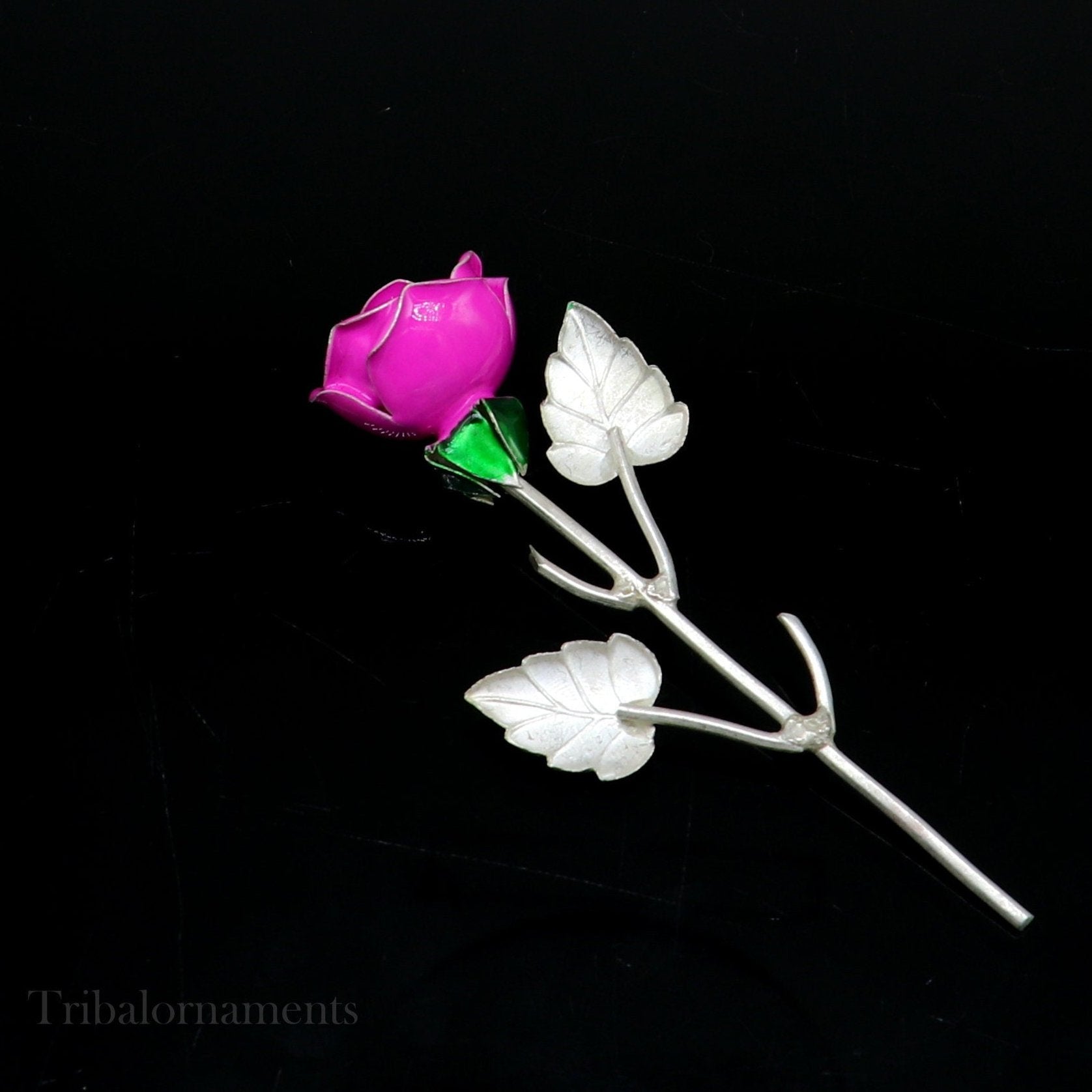 Solid sterling silver handmade small pink Rose flower puja god temple article, excellent three color enamel silver worshipping article su558 - TRIBAL ORNAMENTS