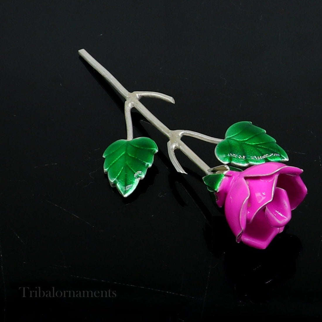 Solid sterling silver handmade small pink Rose flower puja god temple article, excellent three color enamel silver worshipping article su558 - TRIBAL ORNAMENTS