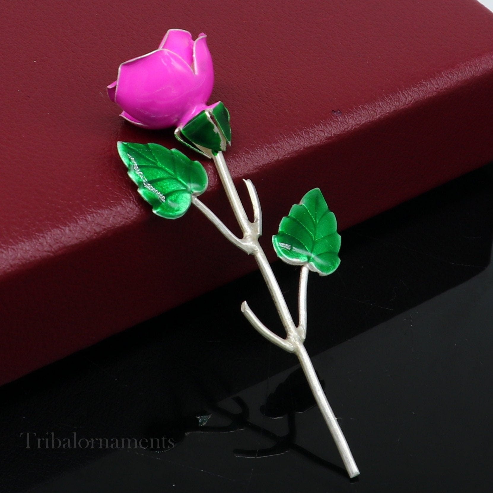 Solid sterling silver handmade small pink Rose flower puja god temple article, excellent three color enamel silver worshipping article su558 - TRIBAL ORNAMENTS