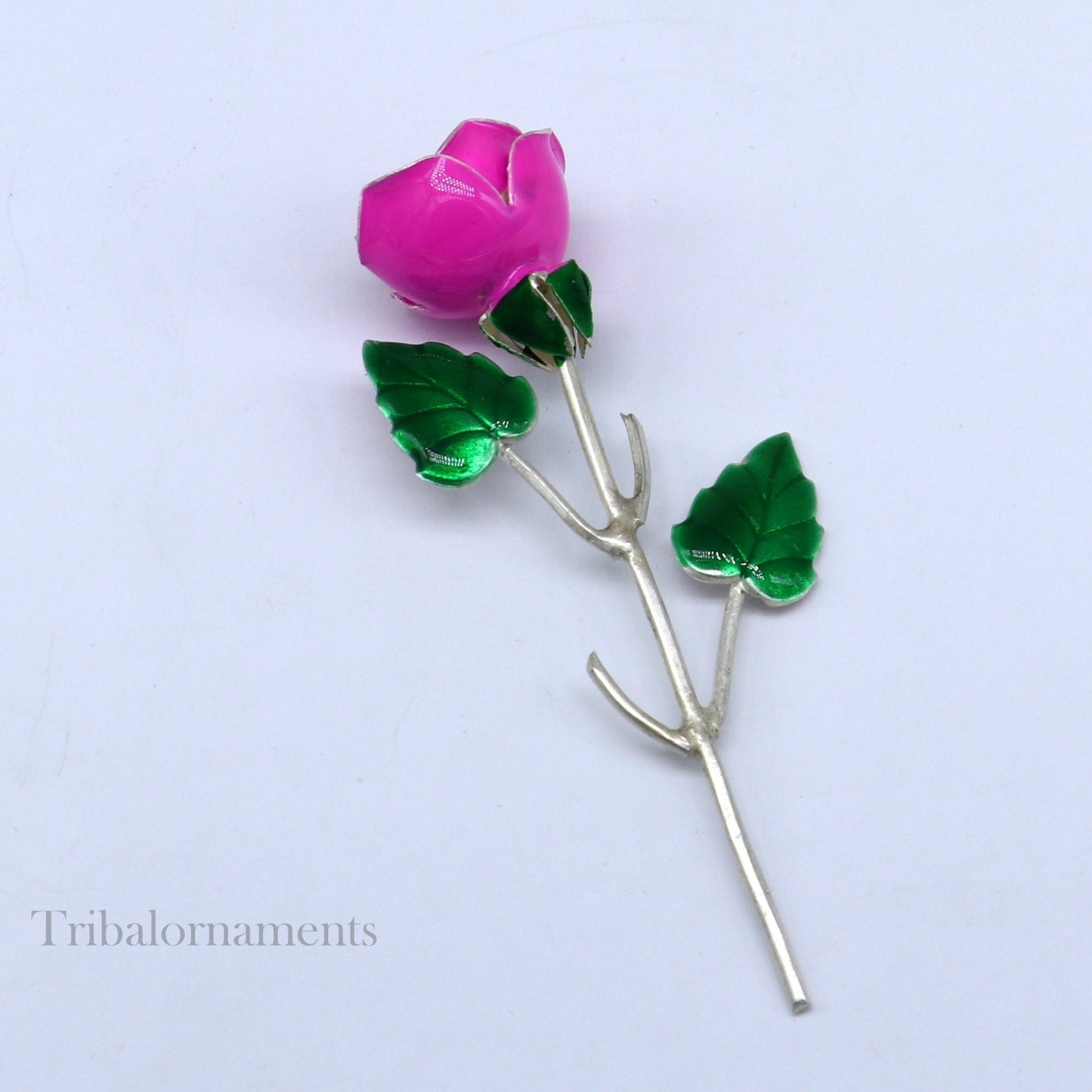 Solid sterling silver handmade small pink Rose flower puja god temple article, excellent three color enamel silver worshipping article su558 - TRIBAL ORNAMENTS