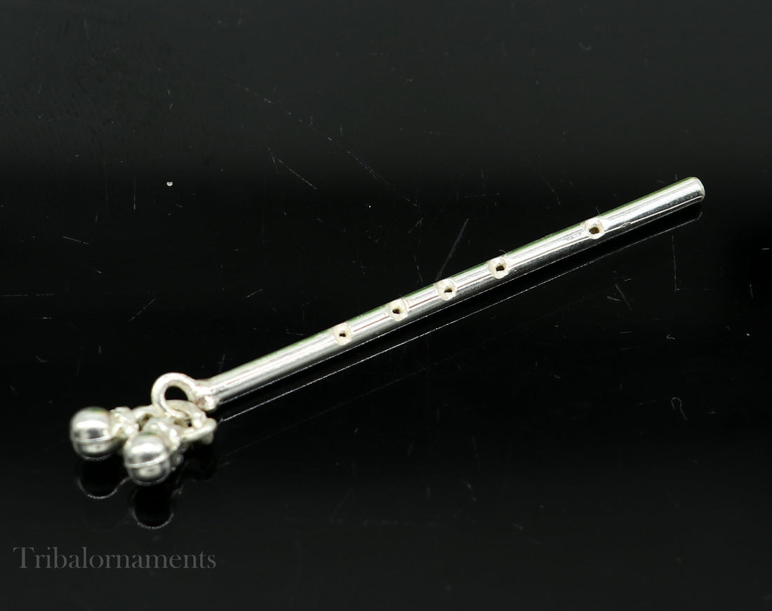 Small Flute Solid sterling silver handmade idol krishna flute, silver bansuri, laddu gopala flute, little krishna flute puja art su576 - TRIBAL ORNAMENTS