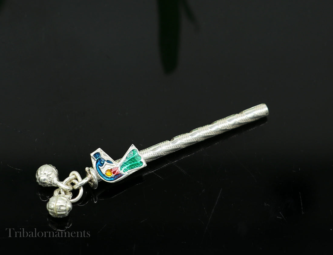 Peacock design Krishna Flute sterling silver handmade Krishna flute, silver Bansuri, Baby Gopala flute, little krishna flute puja art su578 - TRIBAL ORNAMENTS