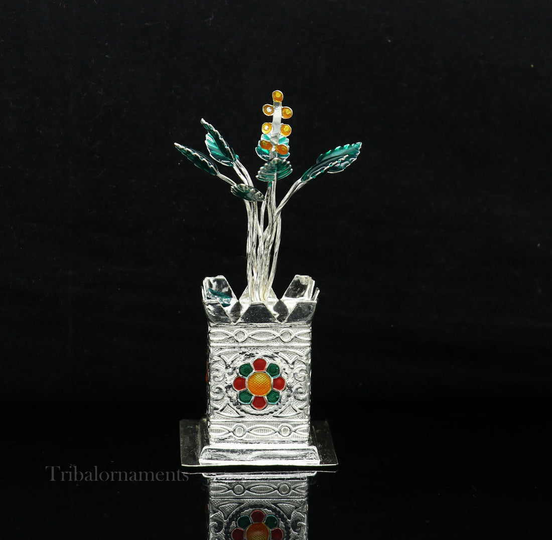 925 sterling silver handmade mini holy Tulsi plant basil rosary plant for puja temple article, excellent silver utensils article su582 - TRIBAL ORNAMENTS