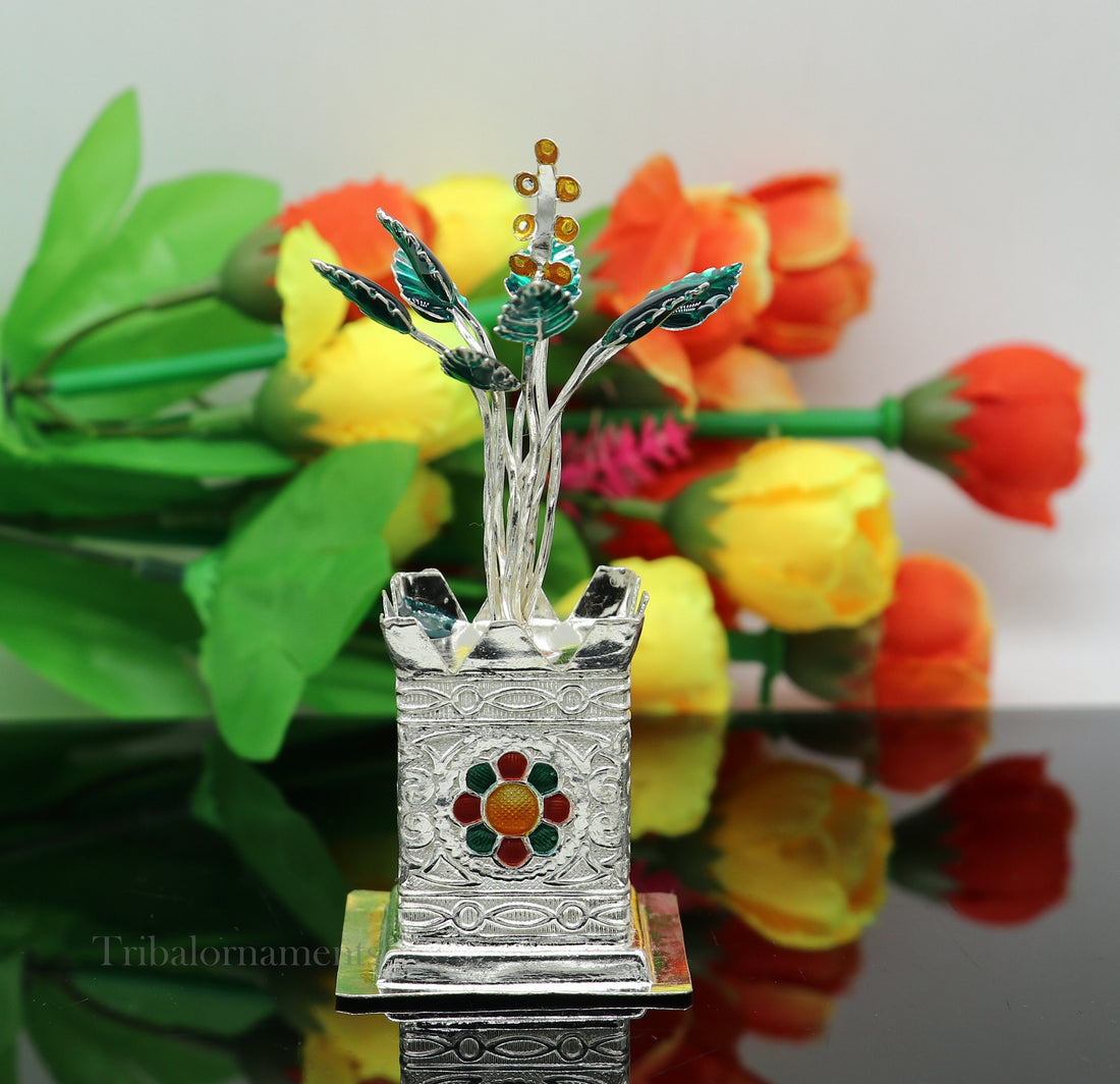 925 sterling silver handmade mini holy Tulsi plant basil rosary plant for puja temple article, excellent silver utensils article su582 - TRIBAL ORNAMENTS