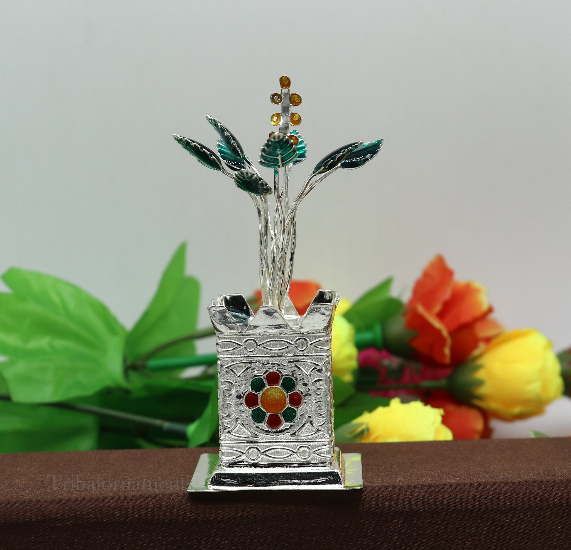 925 sterling silver handmade mini holy Tulsi plant basil rosary plant for puja temple article, excellent silver utensils article su582 - TRIBAL ORNAMENTS