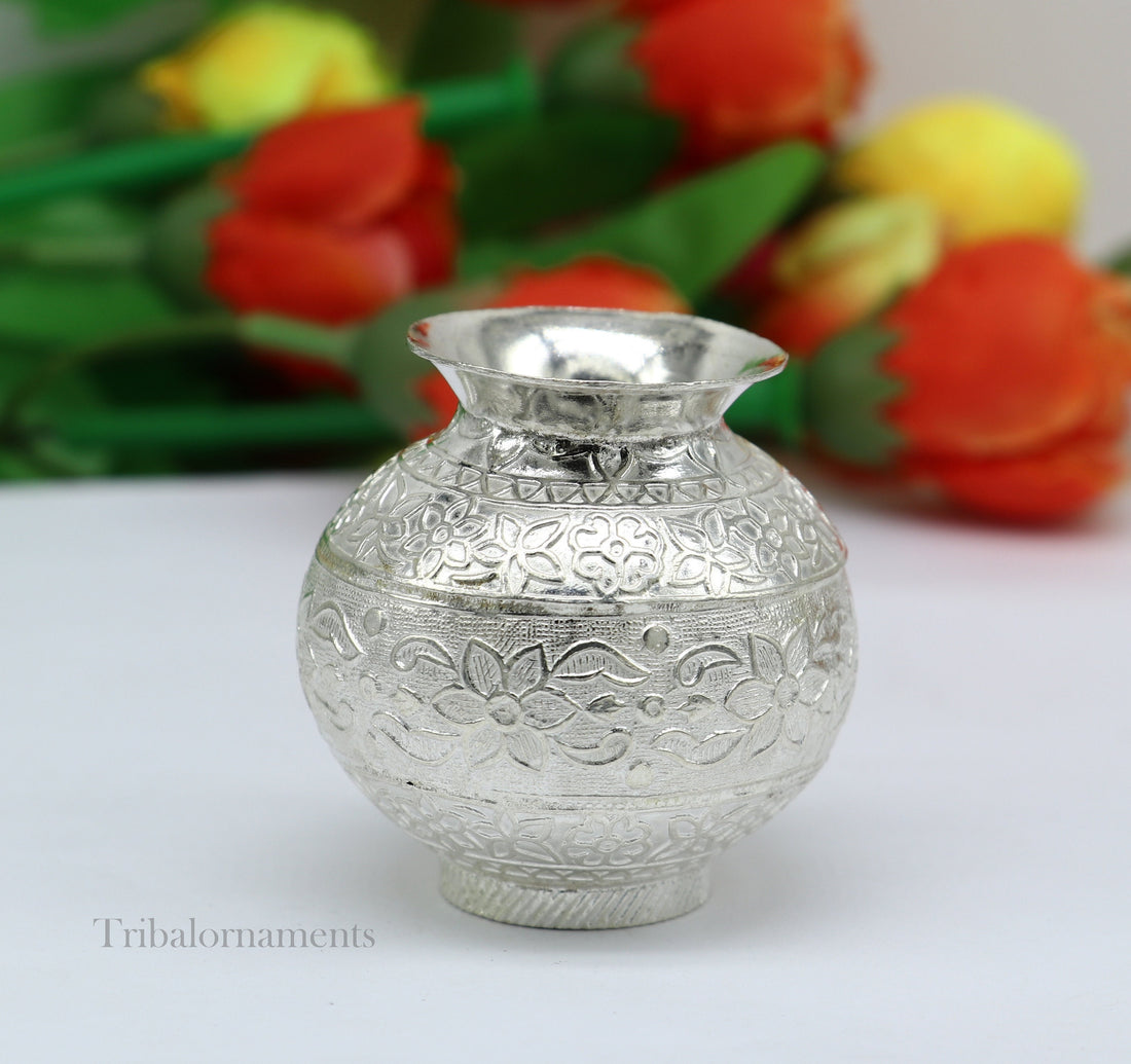 Genuine 925 sterling silver handmade plain design Kalash or pot, unique special silver puja article, water or milk kalash pot india su583 - TRIBAL ORNAMENTS