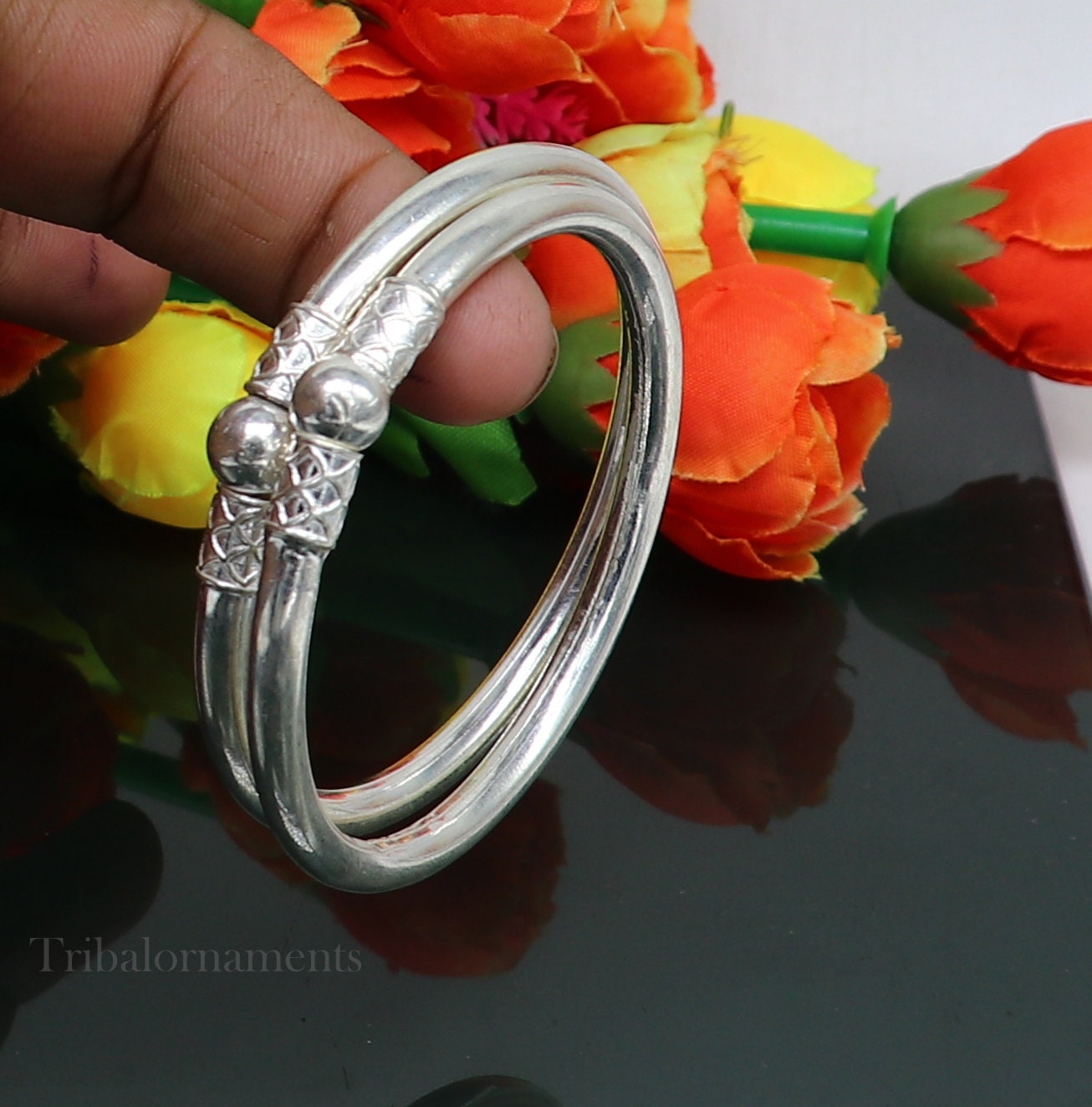 Plain shiny sterling silver stylish designer bangle bracelet kada pure silver gifting jewelry, brides made bangles from india nba226 - TRIBAL ORNAMENTS