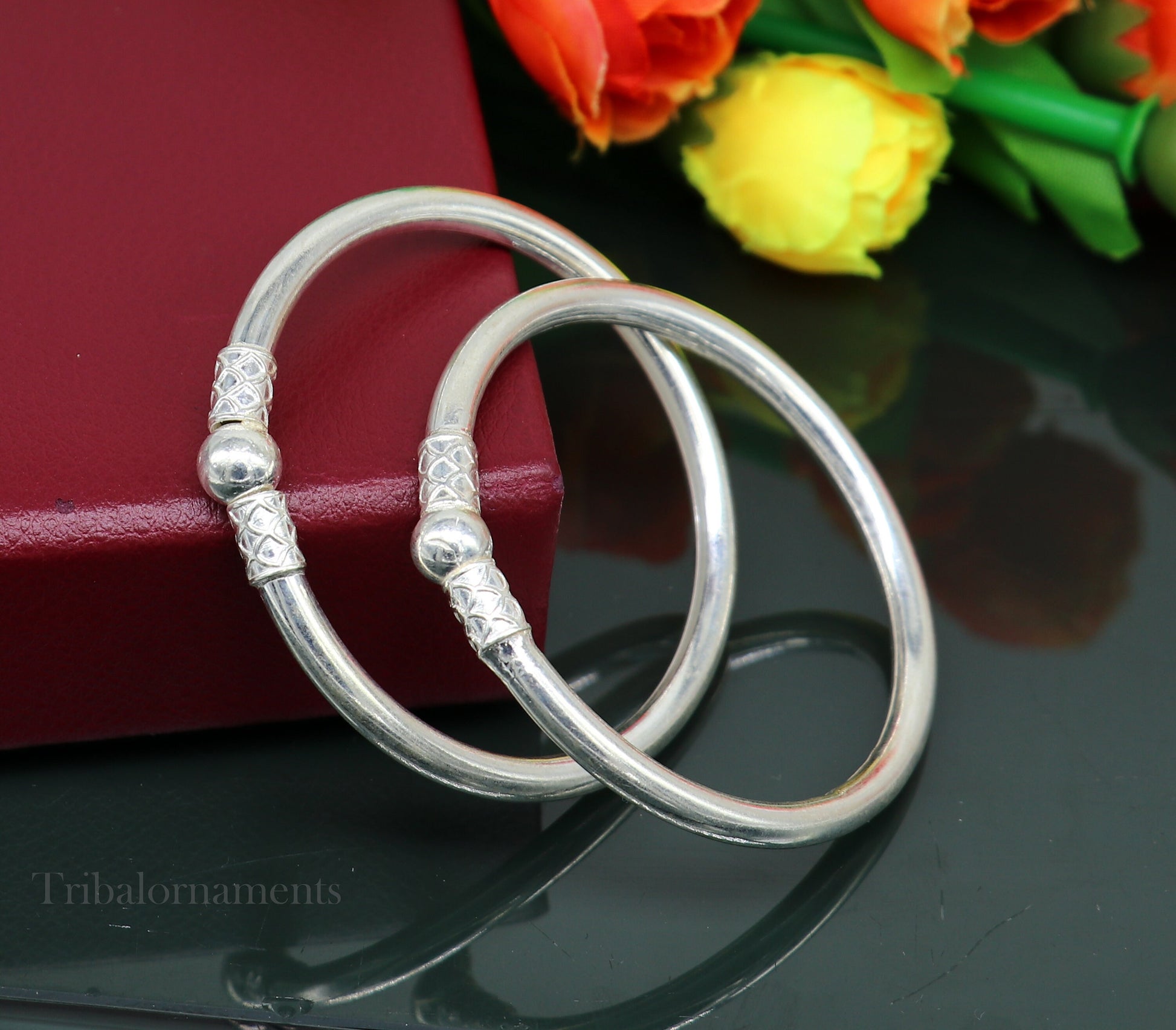 Plain shiny sterling silver stylish designer bangle bracelet kada pure silver gifting jewelry, brides made bangles from india nba226 - TRIBAL ORNAMENTS
