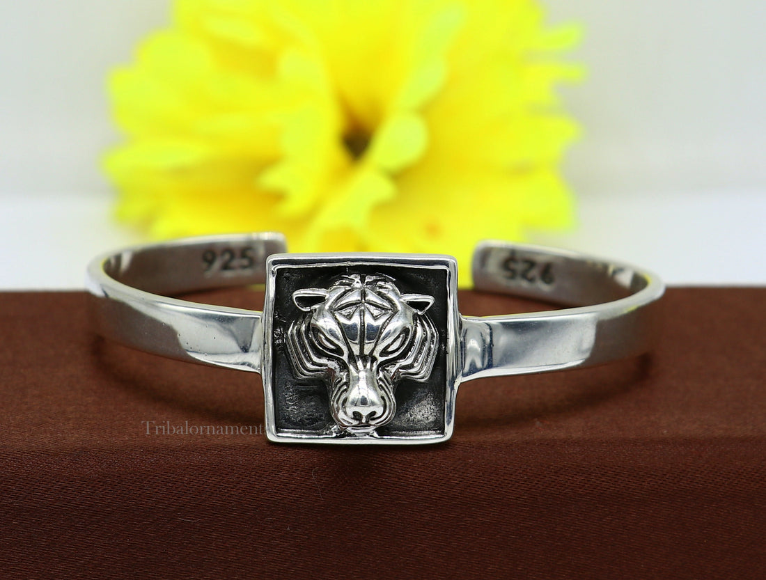 925 sterling silver handmade lion face design adjustable bangle cuff bracelet kada, best unisex gifting ethnic jewelry india nsk368 - TRIBAL ORNAMENTS