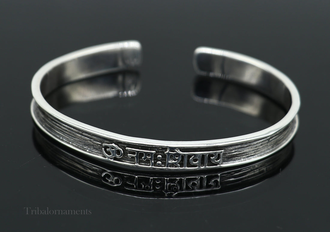 exclusive handmade design adjustable mantra bangle bracelet 925 sterling silver "Aum Namah Shivay" unisex bracelet gifting jewelry nsk142 - TRIBAL ORNAMENTS