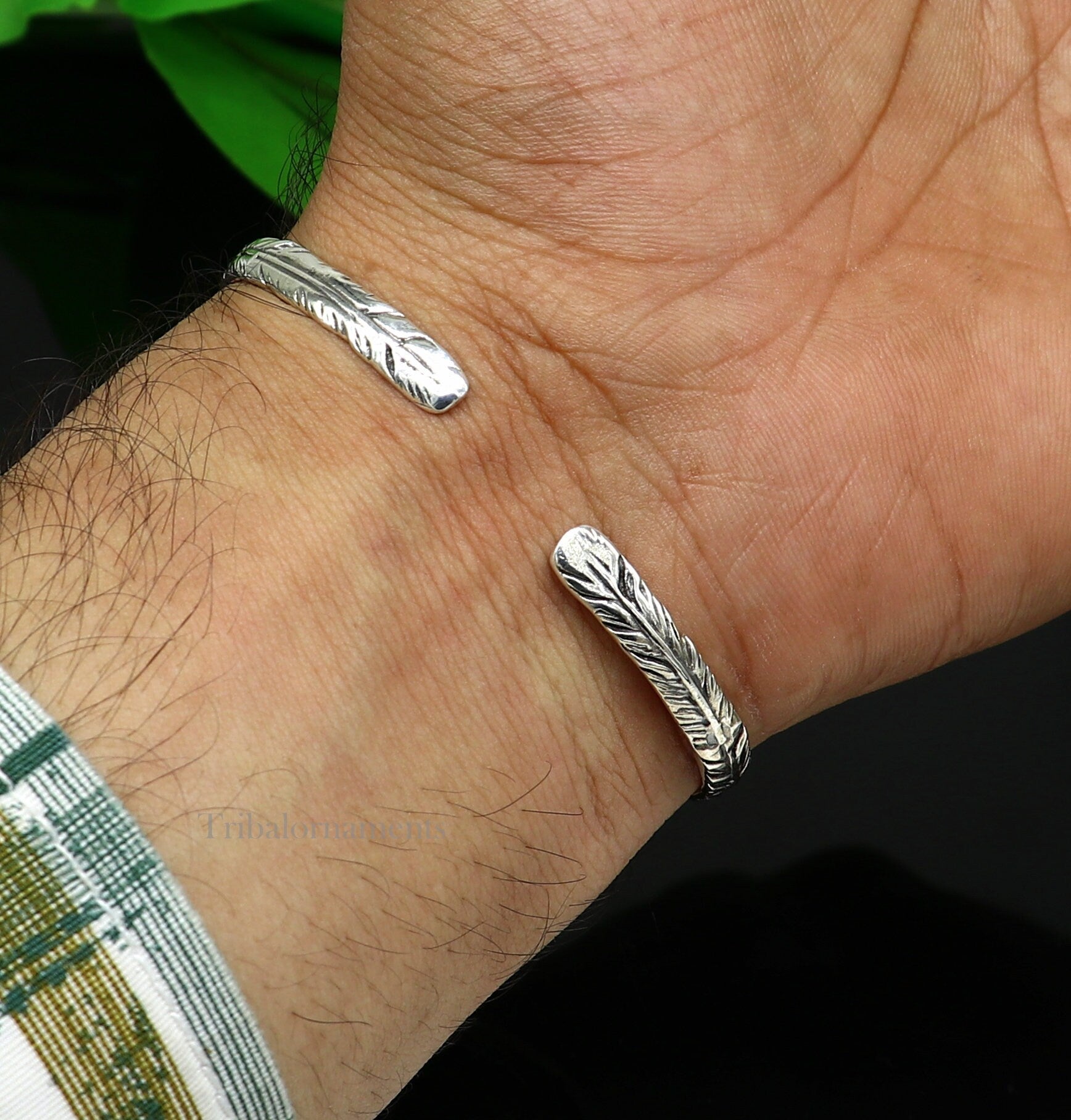 925 sterling silver vintage antique feather design handmade adjustable cuff bangle bracelet kada unisex men's or girl's jewelry nsk370 - TRIBAL ORNAMENTS