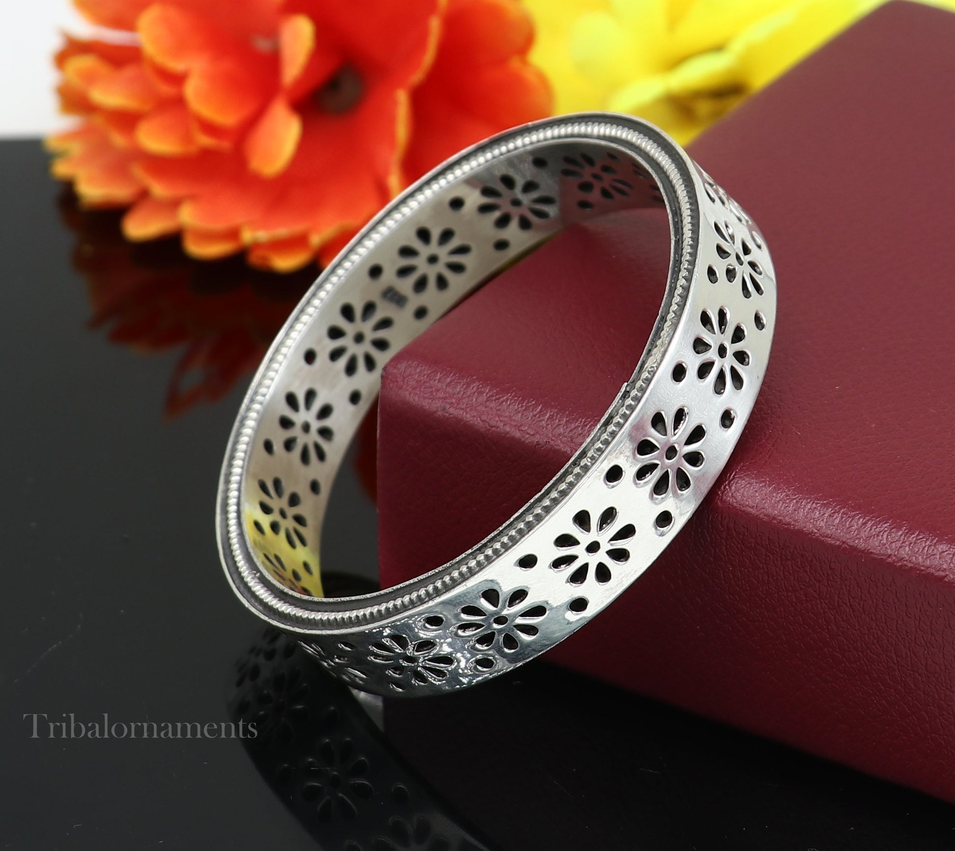 925 sterling silver handmade floral work bangle bracelet, vintage antique design stylish brides bangle wide elegant bangle jewelry ba115 - TRIBAL ORNAMENTS