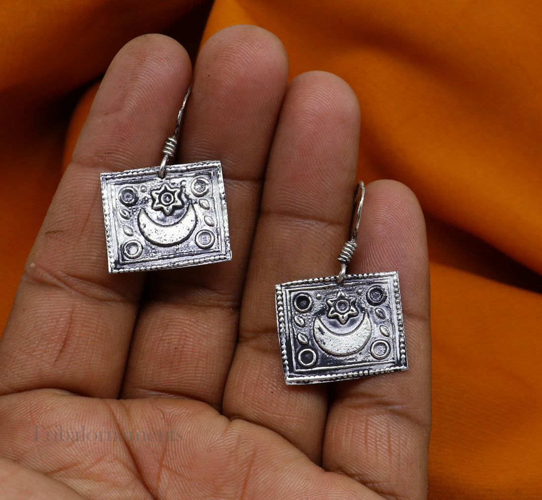 925 sterling silver handmade gorgeous moon hoops earring ,drop dangle excellent customized oxidized belly dance tribal earring earring s955 - TRIBAL ORNAMENTS