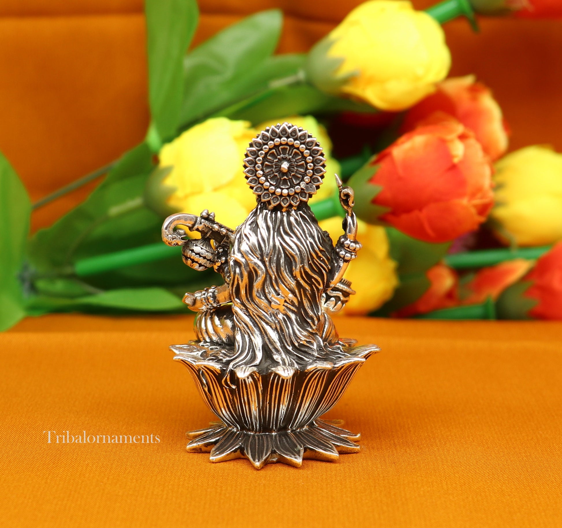 2.5" small 925 Sterling silver handmade customized Hindu idol Saraswati sharda maa statue, puja article figurine, home décor Articles art57 - TRIBAL ORNAMENTS