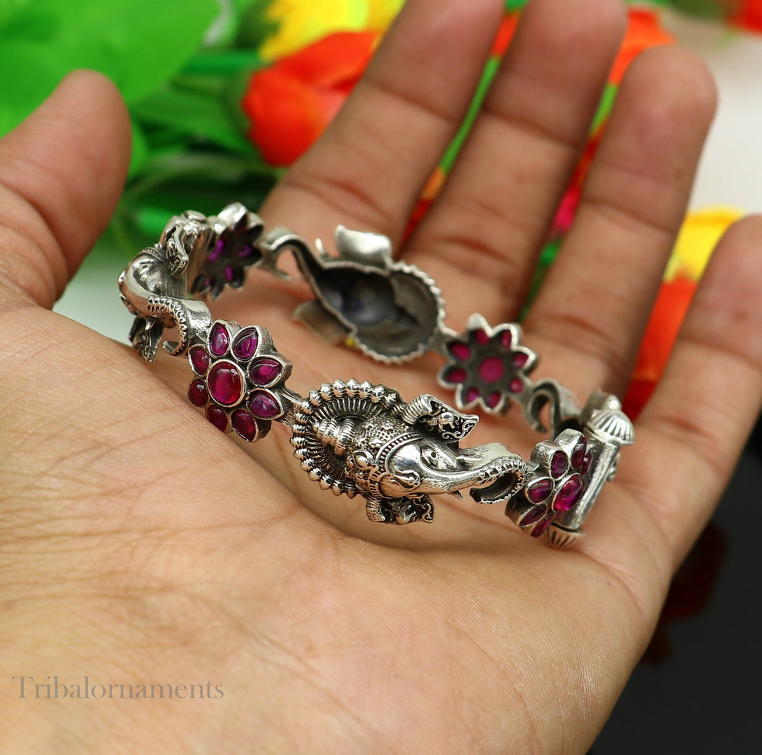 925 sterling silver idol Ganesha design bangle bracelet kada with amazing floral style red stone, best gifting ethnic jewelry ba120 - TRIBAL ORNAMENTS