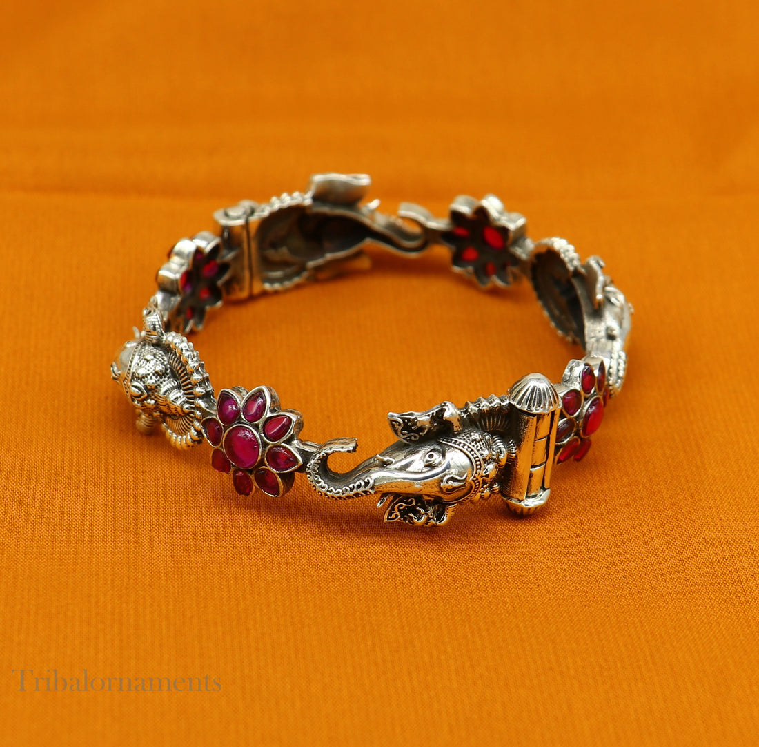 925 sterling silver idol Ganesha design bangle bracelet kada with amazing floral style red stone, best gifting ethnic jewelry ba120 - TRIBAL ORNAMENTS