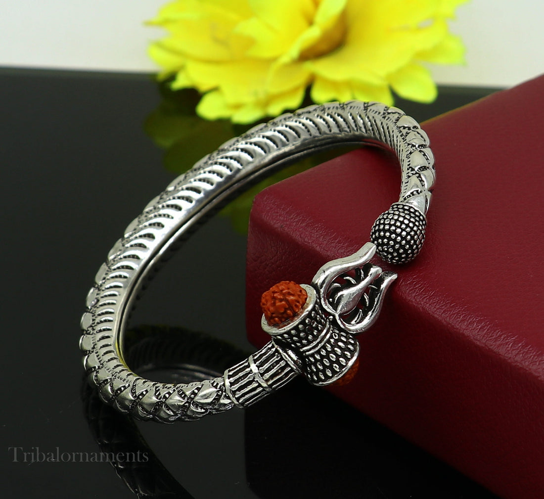 925 Sterling silver handmade chitai work Lord Shiva trident trishul kada bangle bracelet natural Rudraksha beads customized kada nsk380 - TRIBAL ORNAMENTS