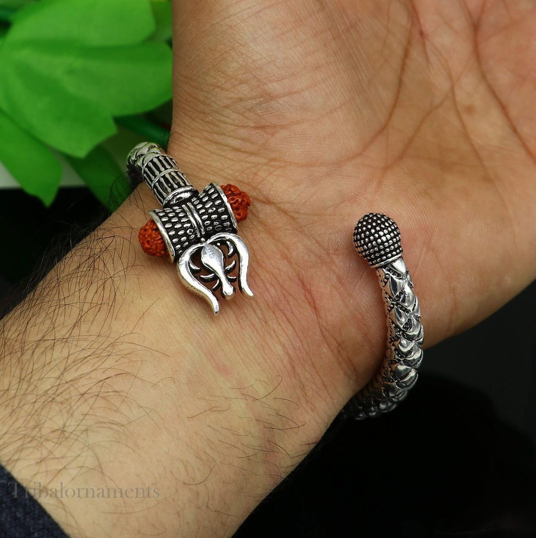 925 Sterling silver handmade chitai work Lord Shiva trident trishul kada bangle bracelet natural Rudraksha beads customized kada nsk380 - TRIBAL ORNAMENTS