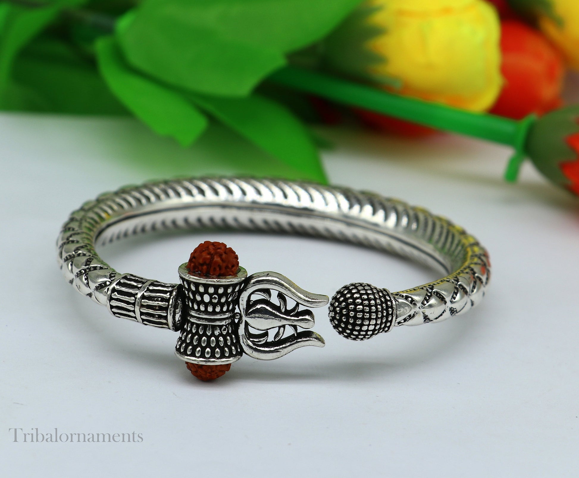 925 Sterling silver handmade chitai work Lord Shiva trident trishul kada bangle bracelet natural Rudraksha beads customized kada nsk380 - TRIBAL ORNAMENTS