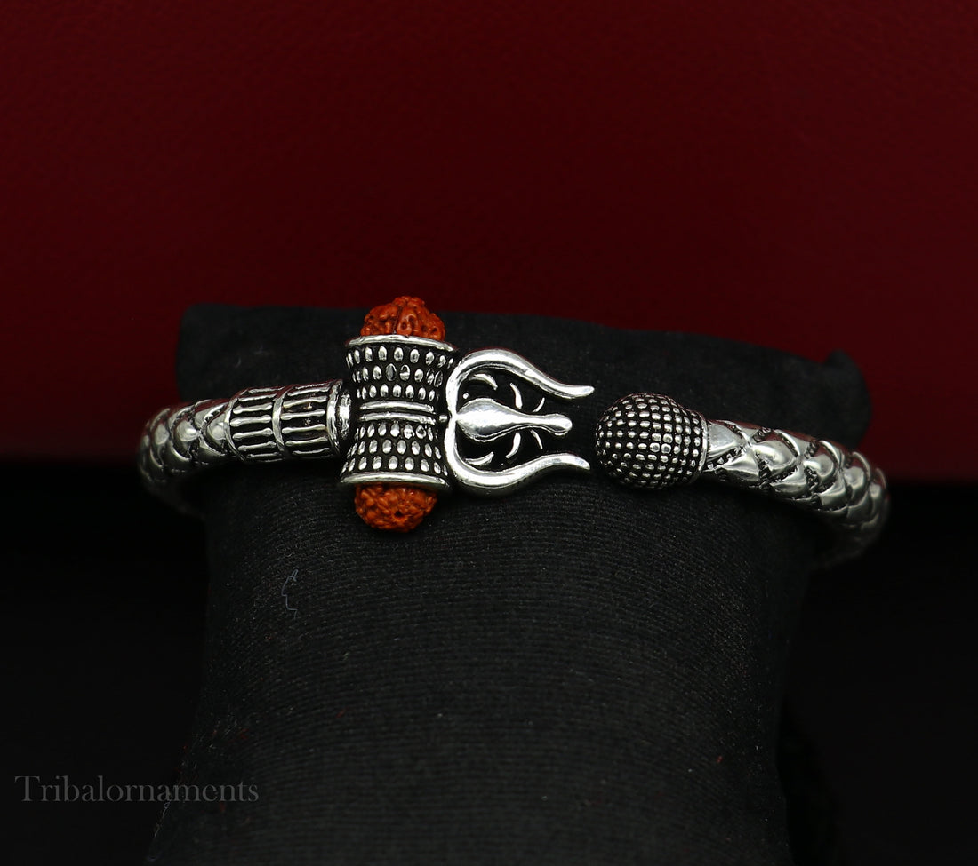 925 Sterling silver handmade chitai work Lord Shiva trident trishul kada bangle bracelet natural Rudraksha beads customized kada nsk380 - TRIBAL ORNAMENTS