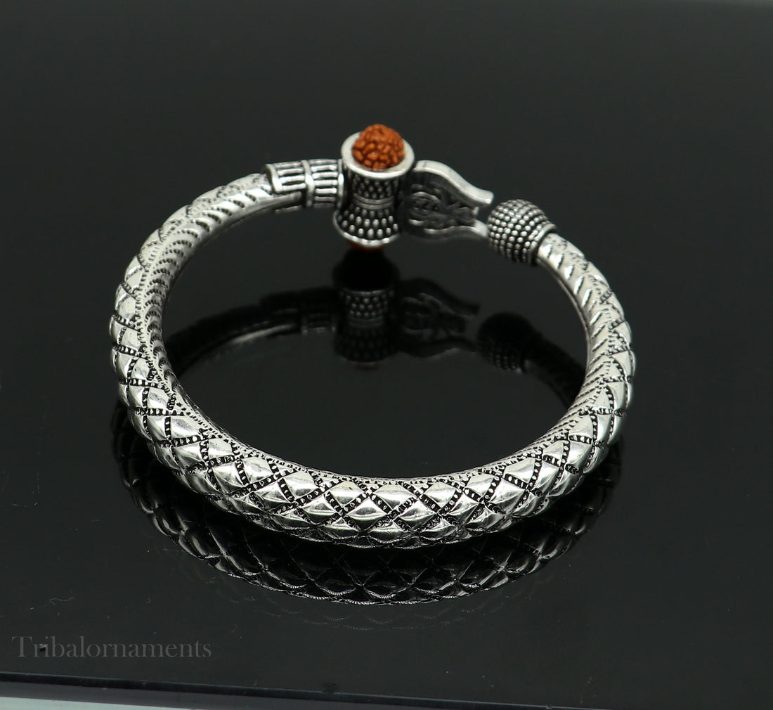 925 Sterling silver handmade chitai work Lord Shiva trident trishul kada bangle bracelet natural Rudraksha beads customized kada nsk380 - TRIBAL ORNAMENTS