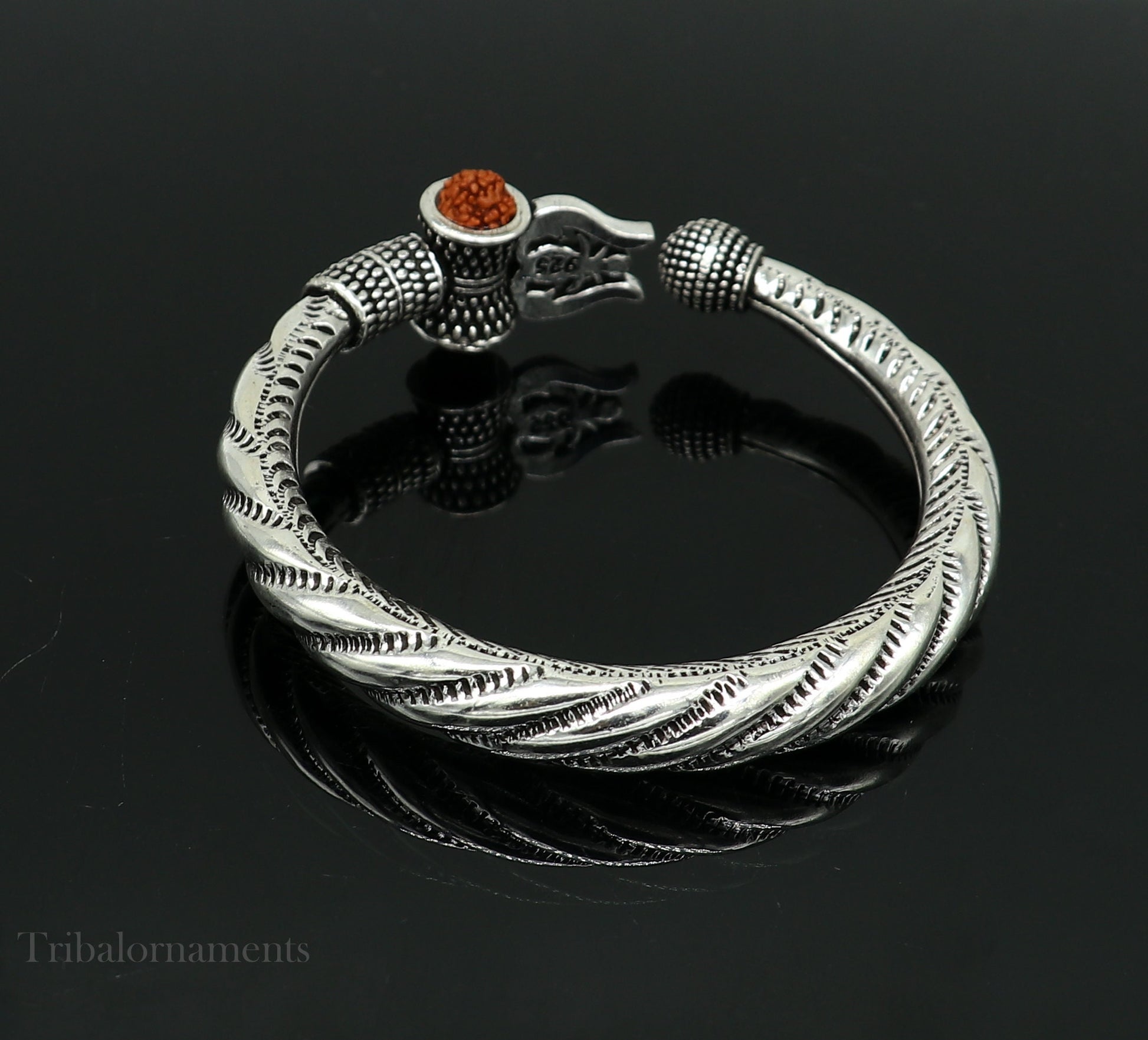 925 Sterling silver handmade Lord Shiva trident trishul trishool kada bangle bracelet with natural Rudraksha customized kada nsk381 - TRIBAL ORNAMENTS