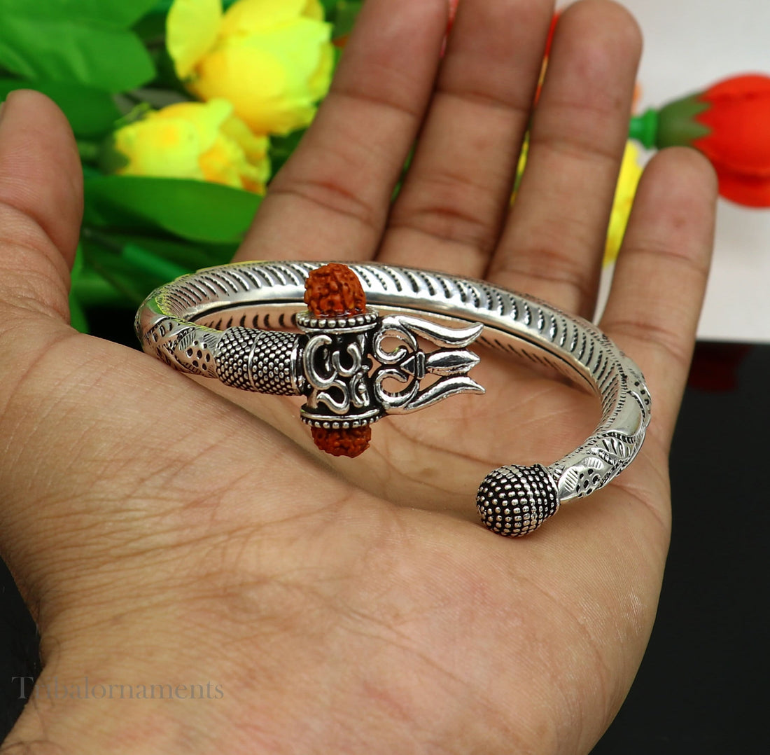 Lord Shiva trident trishul trishool kada 925 Sterling silver handmade bangle bracelet with natural Rudraksha customized kada nsk382 - TRIBAL ORNAMENTS