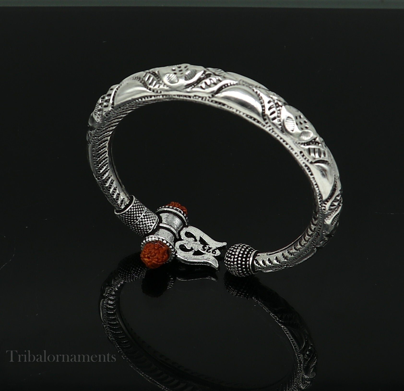 Lord Shiva trident trishul trishool kada 925 Sterling silver handmade bangle bracelet with natural Rudraksha customized kada nsk382 - TRIBAL ORNAMENTS
