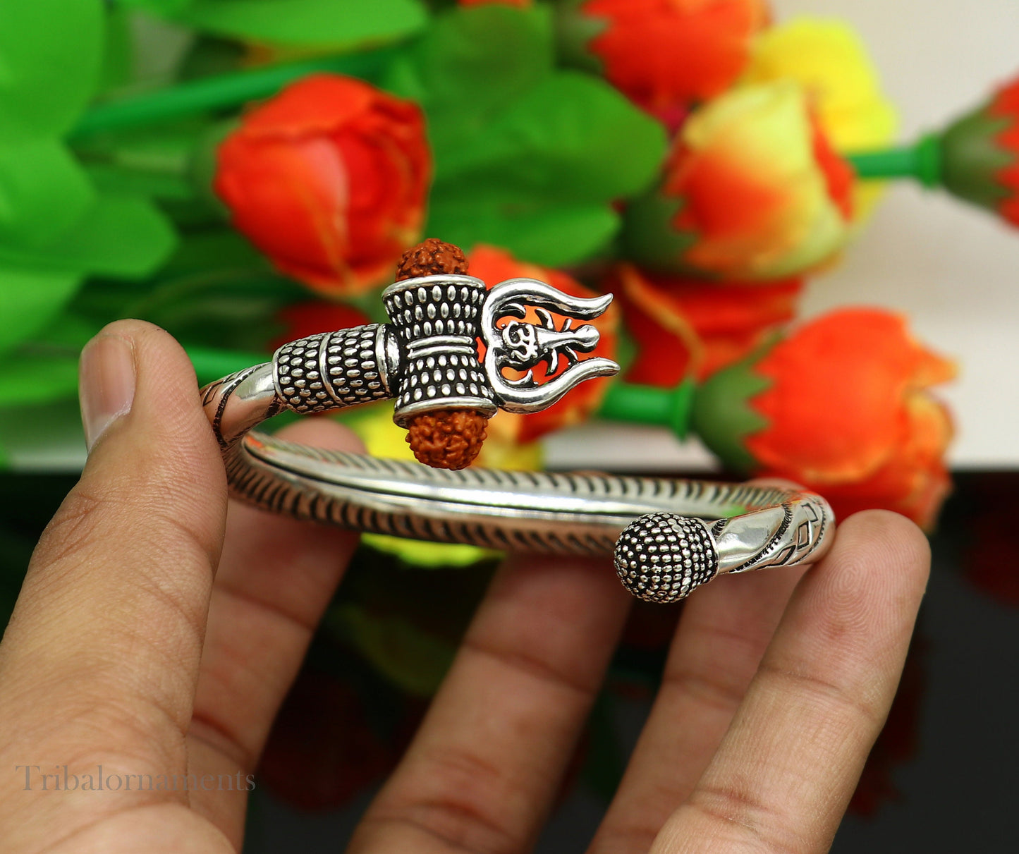 Divine Lord Shiva trident trishul trishool kada 925 Sterling silver handmade bangle bracelet with natural Rudraksha magical  kada nsk383 - TRIBAL ORNAMENTS