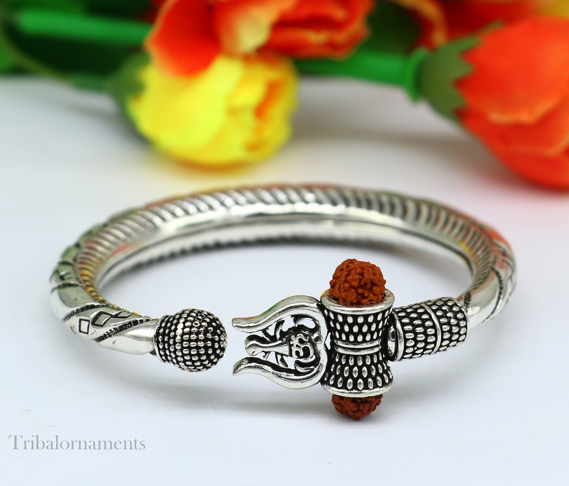 Divine Lord Shiva trident trishul trishool kada 925 Sterling silver handmade bangle bracelet with natural Rudraksha magical  kada nsk383 - TRIBAL ORNAMENTS