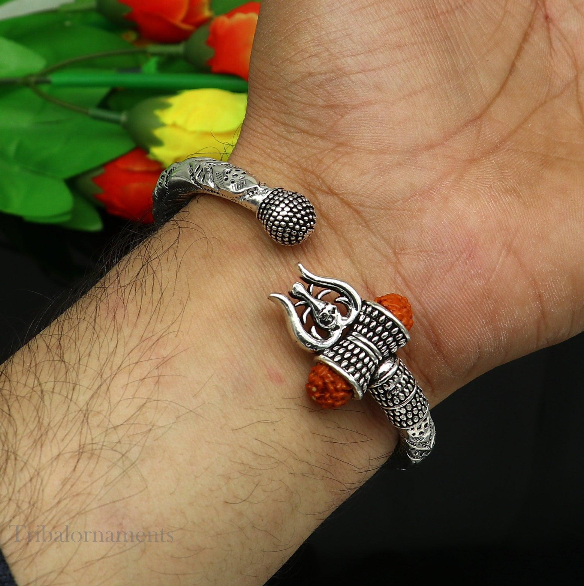 Lord Shiva trident trishul trishool kada 925 Sterling silver handmade bangle bracelet with natural Rudraksha magical Bahubali kada nsk384 - TRIBAL ORNAMENTS