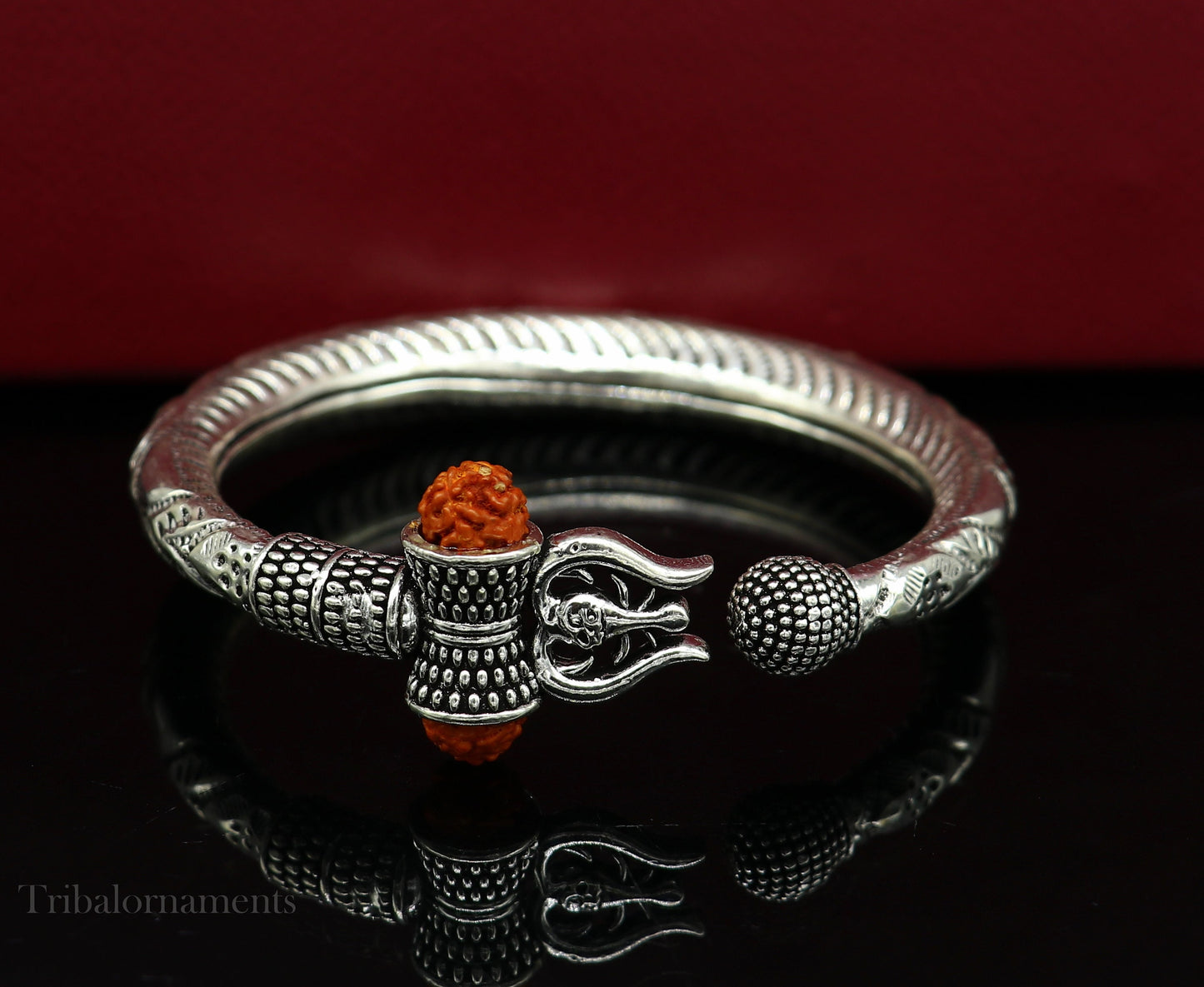 Lord Shiva trident trishul trishool kada 925 Sterling silver handmade bangle bracelet with natural Rudraksha magical Bahubali kada nsk384 - TRIBAL ORNAMENTS