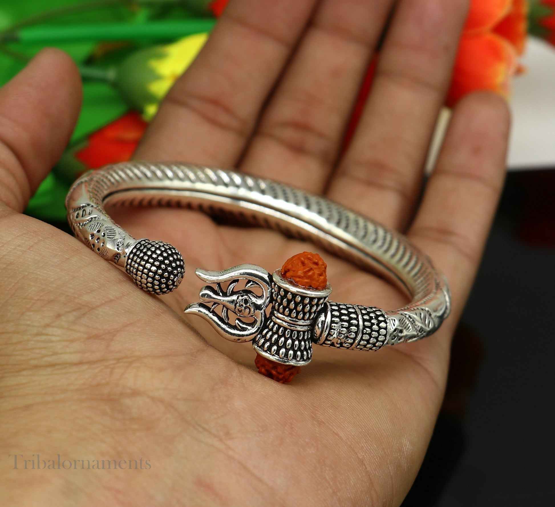 Lord Shiva trident trishul trishool kada 925 Sterling silver handmade bangle bracelet with natural Rudraksha magical Bahubali kada nsk384 - TRIBAL ORNAMENTS