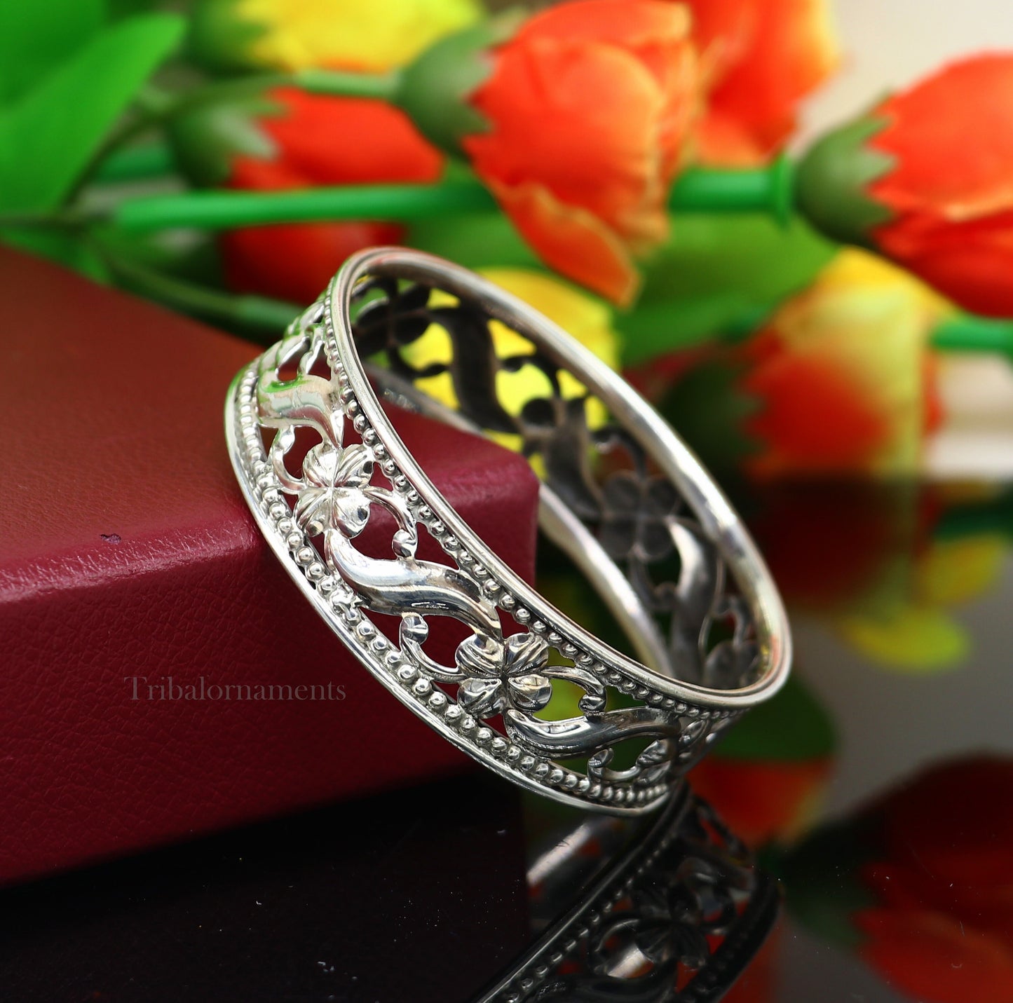 925 sterling silver floral design unique style handmade bangle bracelet , best brides collection wedding jewelry from india ba124 - TRIBAL ORNAMENTS