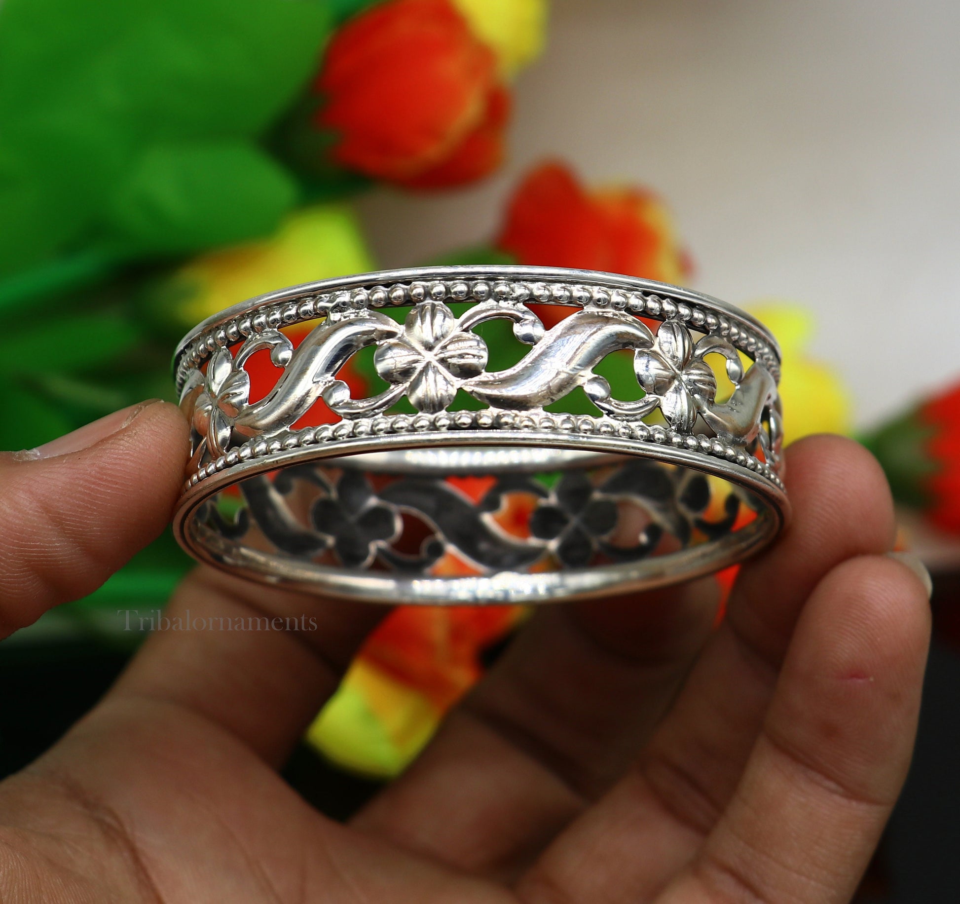 925 sterling silver floral design unique style handmade bangle bracelet , best brides collection wedding jewelry from india ba124 - TRIBAL ORNAMENTS