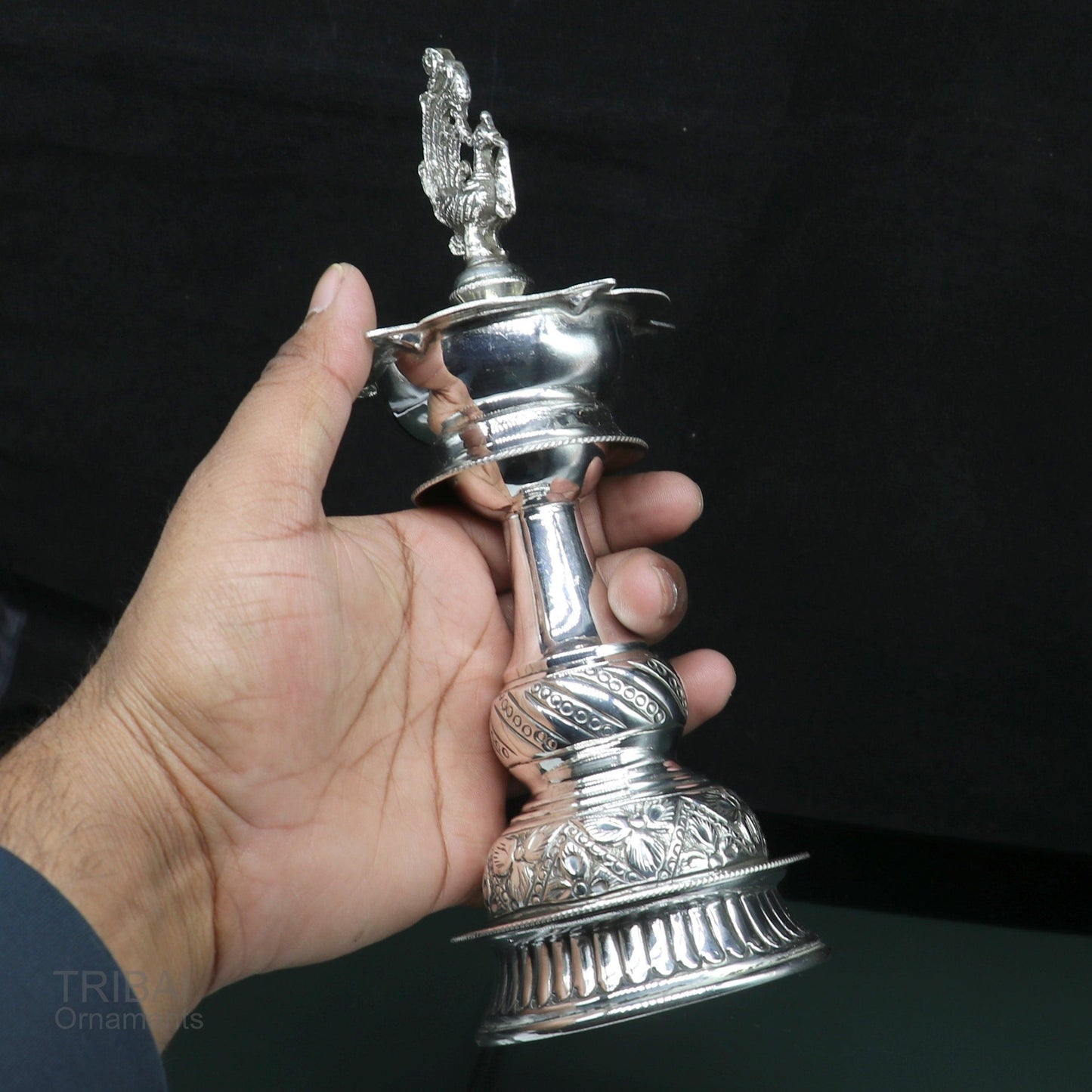 925 sterling silver handcrafted vintage antique design oil lamp, silver Deepak, silver puja article, silver art candle stand figurine su473 - TRIBAL ORNAMENTS