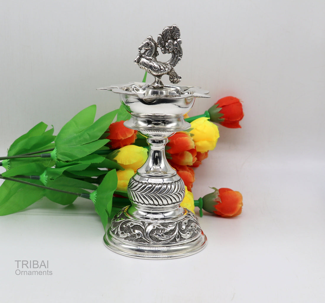 925 sterling silver handcrafted vintage work oil lamp or candle stand, silver Deepak, silver article, puja utensils, silver figurine su587 - TRIBAL ORNAMENTS