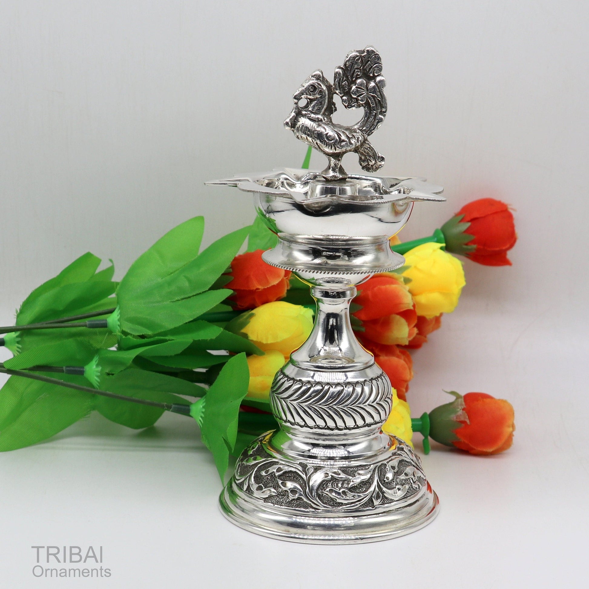 925 sterling silver handcrafted vintage work oil lamp or candle stand, silver Deepak, silver article, puja utensils, silver figurine su91 - TRIBAL ORNAMENTS