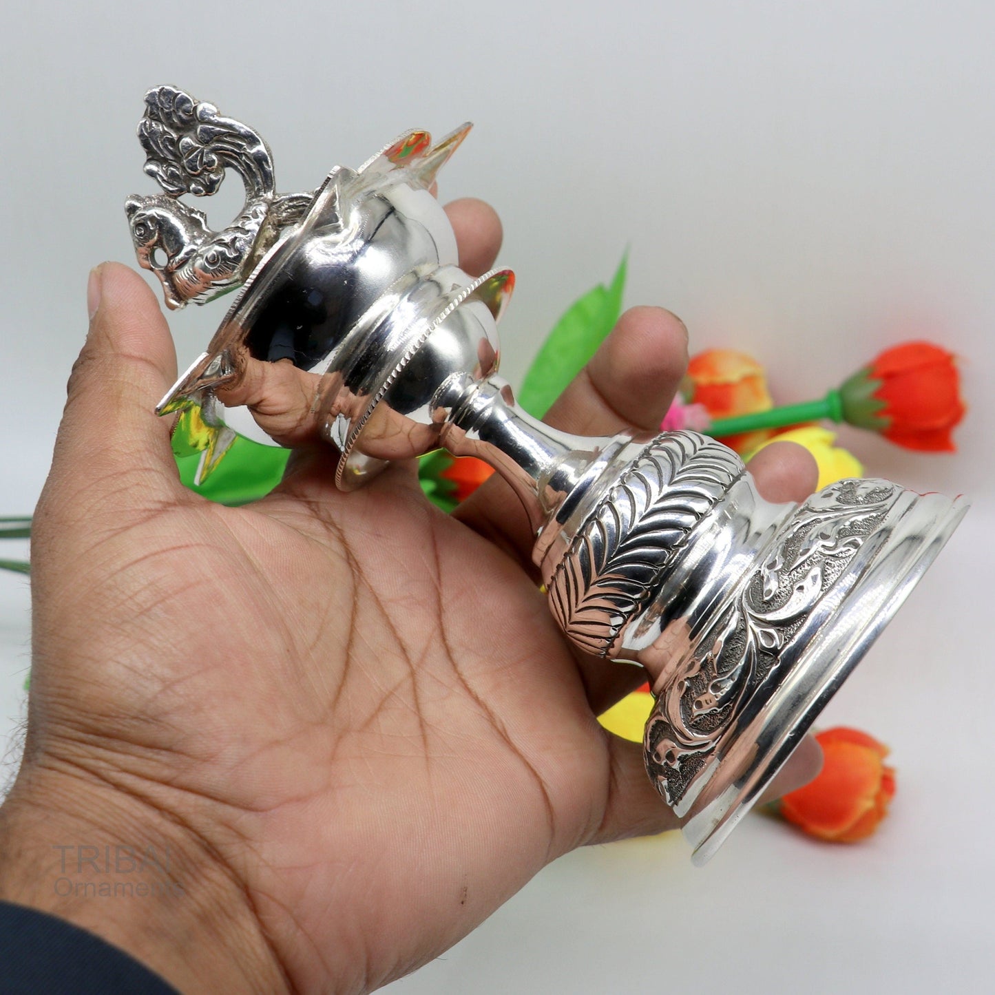 925 sterling silver handcrafted vintage work oil lamp or candle stand, silver Deepak, silver article, puja utensils, silver figurine su91 - TRIBAL ORNAMENTS