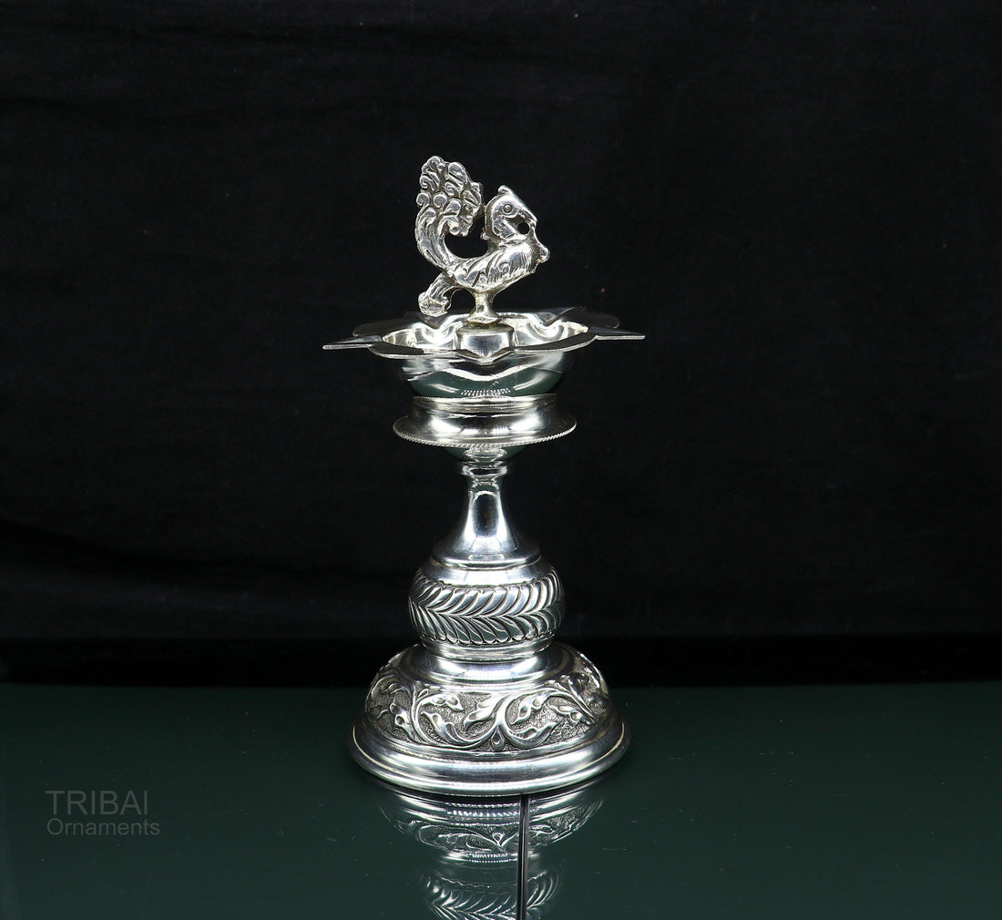 925 sterling silver handcrafted vintage work oil lamp or candle stand, silver Deepak, silver article, puja utensils, silver figurine su587 - TRIBAL ORNAMENTS