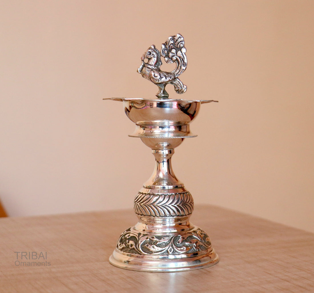 925 sterling silver handcrafted vintage work oil lamp or candle stand, silver Deepak, silver article, puja utensils, silver figurine su587 - TRIBAL ORNAMENTS