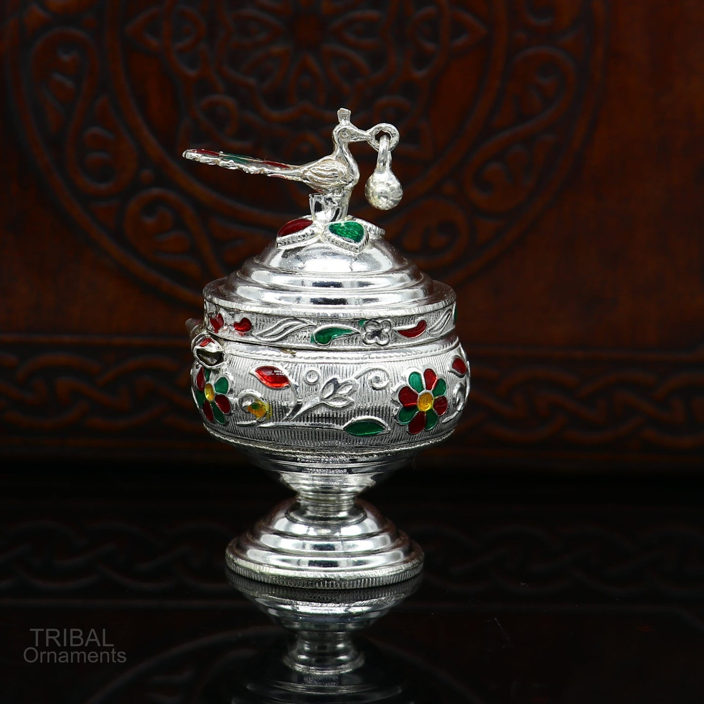 925 sterling silver handmade peacock design vintage trinket box , sindur kumkum box , brides accessories, kumkum sindur box royal art stb272 - TRIBAL ORNAMENTS