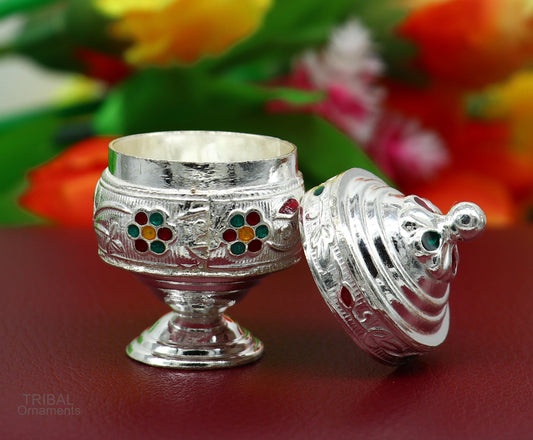 925 Sterling silver handmade fabulous trinket box, solid container box, casket box, sindoor box, enamel work customized gifting box stb273 - TRIBAL ORNAMENTS