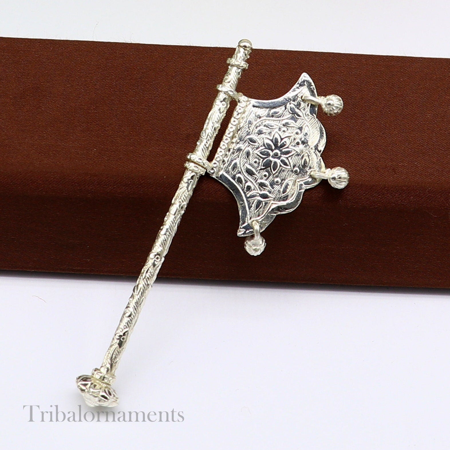 Solid silver pankhi, floral design small fan or pankhi for god puja, best gifting to laddu gopala krishna, silver hand driven fan su590 - TRIBAL ORNAMENTS