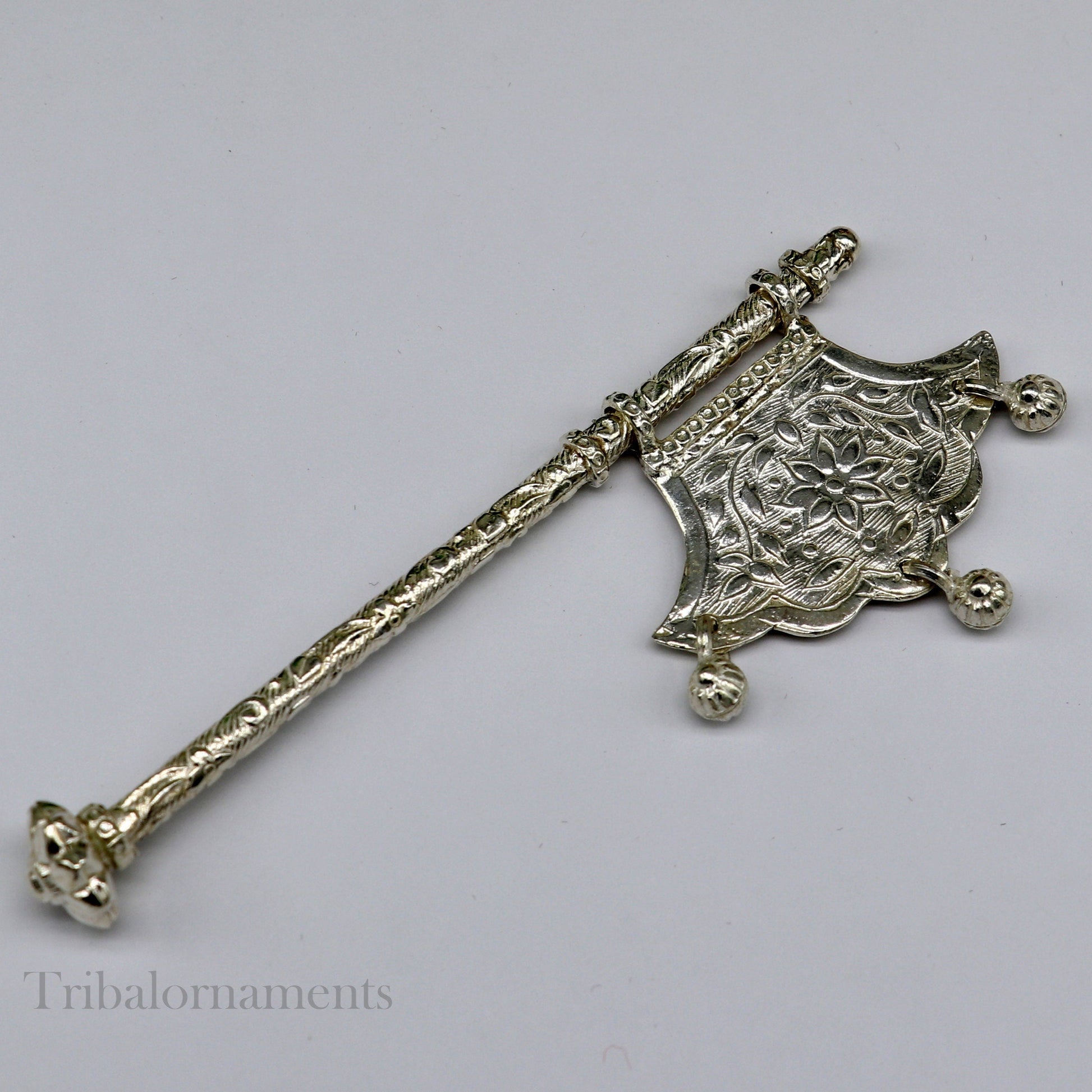 Solid silver pankhi, floral design small fan or pankhi for god puja, best gifting to laddu gopala krishna, silver hand driven fan su590 - TRIBAL ORNAMENTS