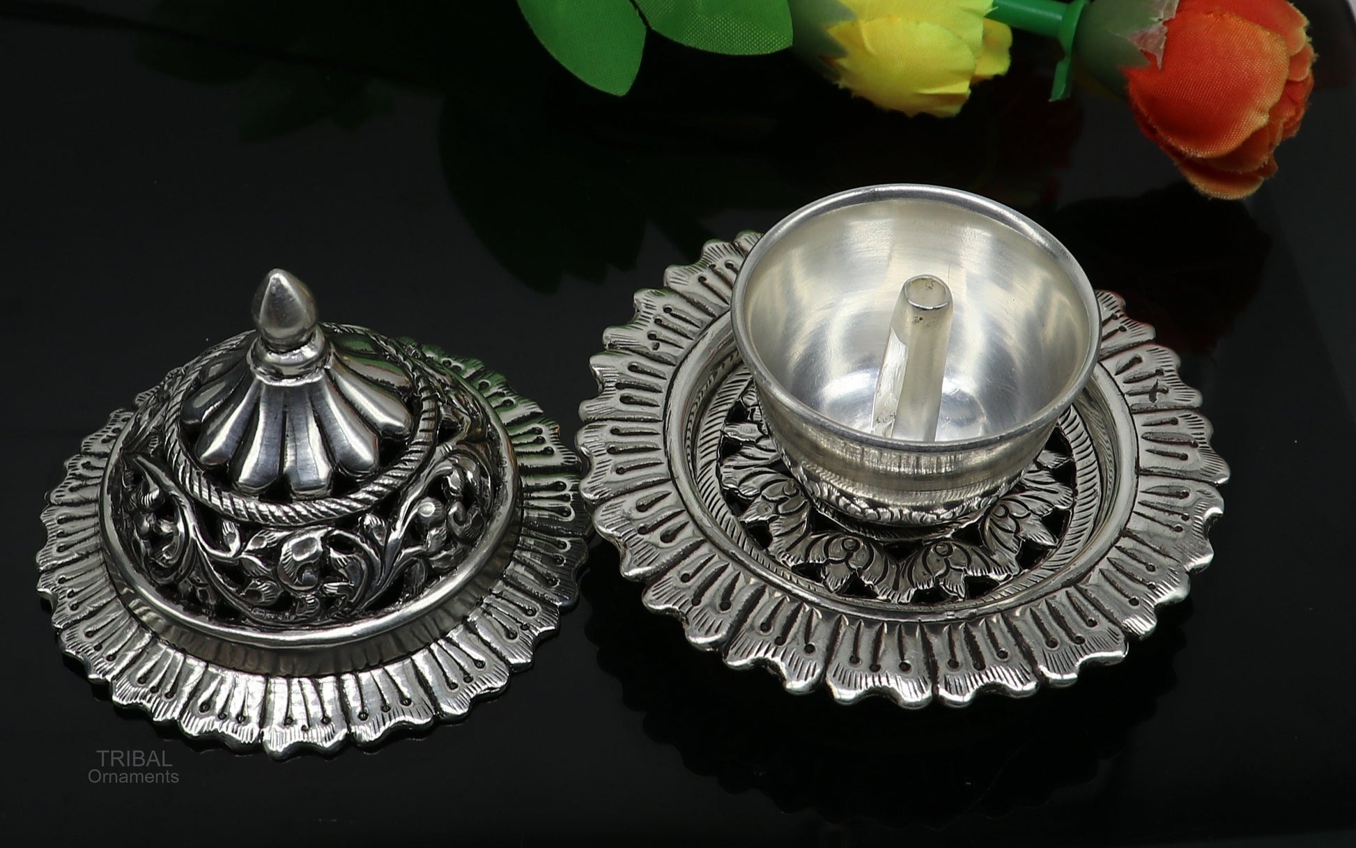 925 sterling silver handcrafted vintage design oil lamp/Deepak, silver article, puja utensils, silver figurine best decorative article su595 - TRIBAL ORNAMENTS