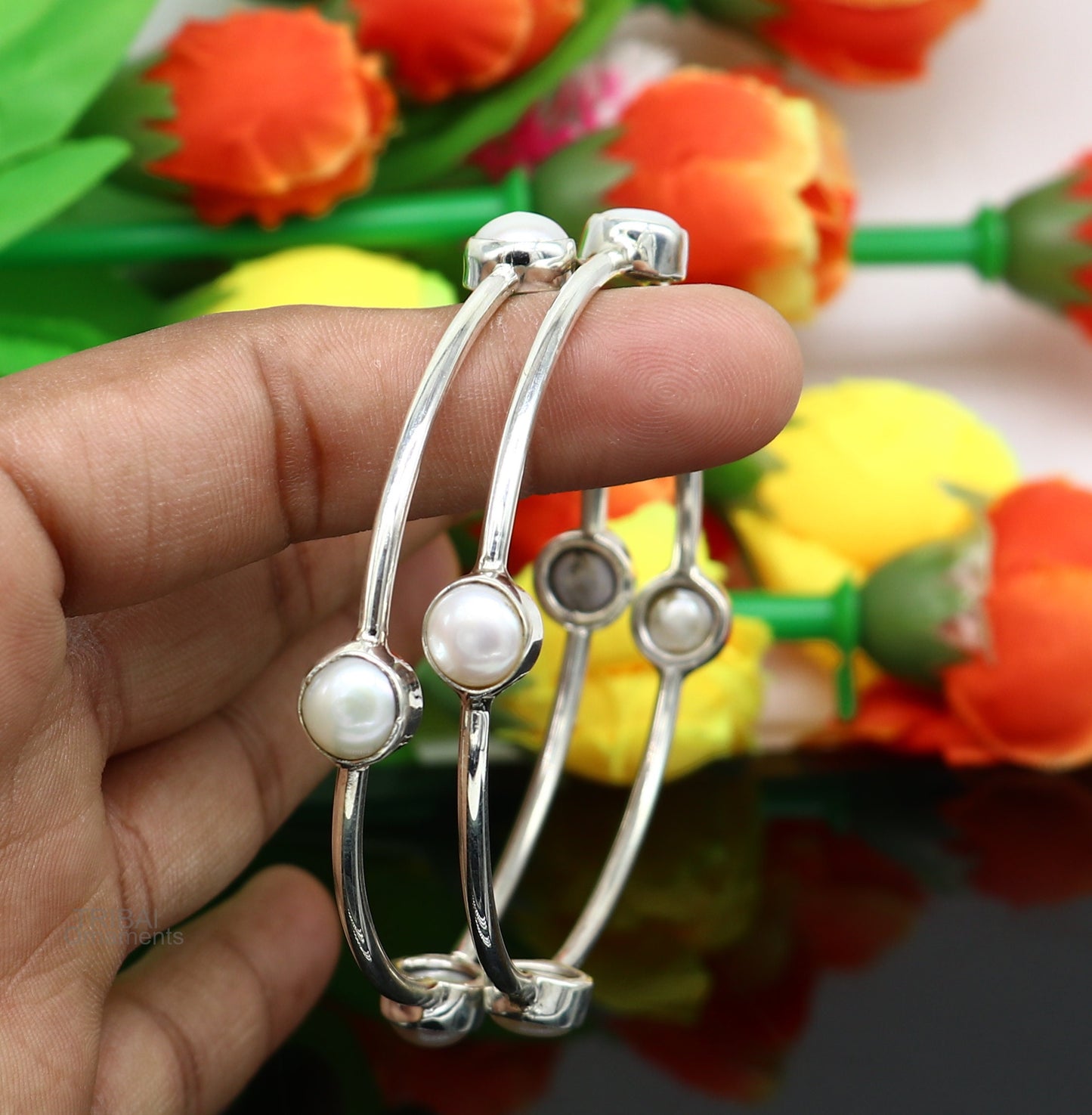 925 sterling silver plain bangle bracelet with gorgeous natural pearl stone floral design bangles, best brides or girl's jewelry ba128 - TRIBAL ORNAMENTS
