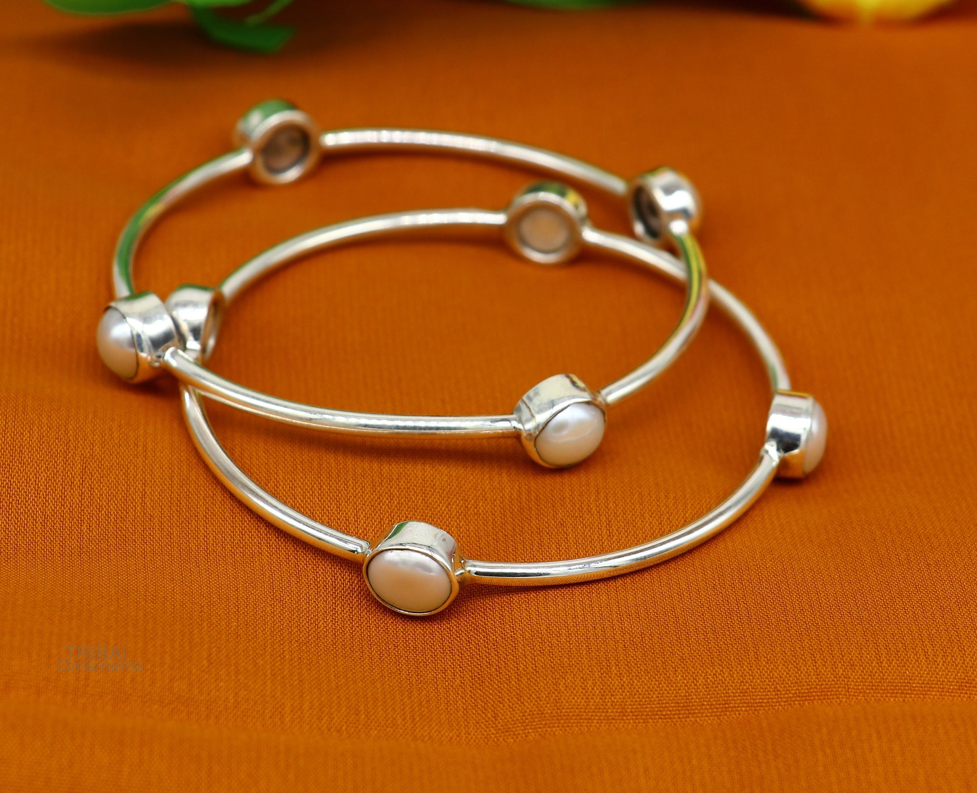 925 sterling silver plain bangle bracelet with gorgeous natural pearl stone floral design bangles, best brides or girl's jewelry ba128 - TRIBAL ORNAMENTS