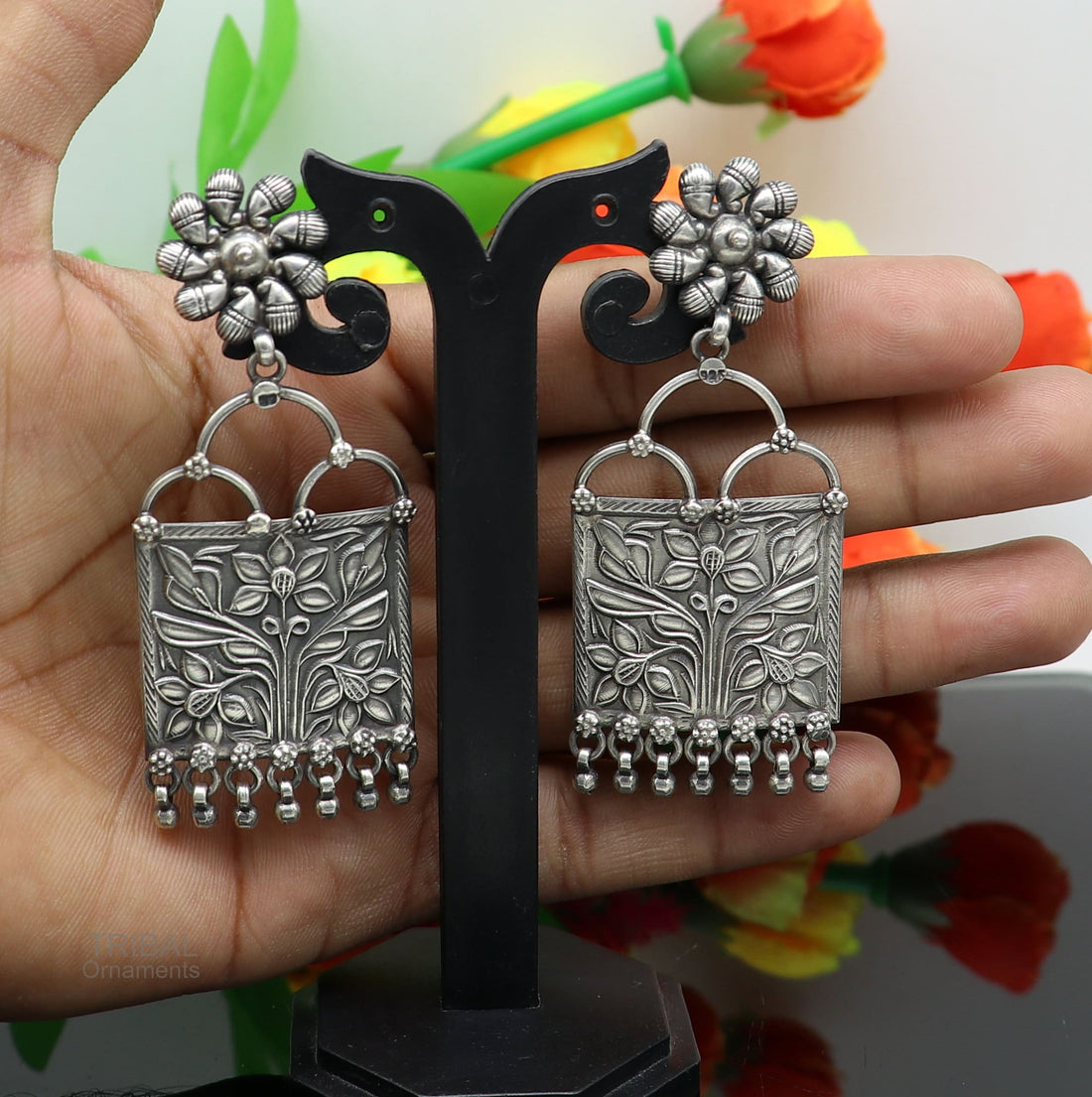 925 sterling silver handmade vintage antique floral design excellent customized stud earring gorgeous hanging drops tribal earrings s961 - TRIBAL ORNAMENTS